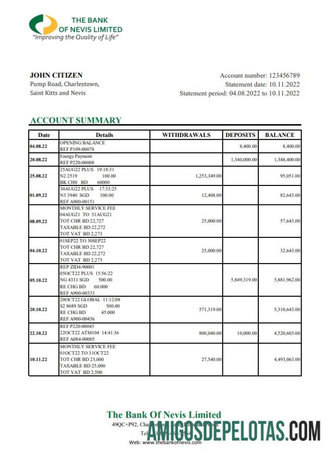 Exemplo de extrato bancário Xls do Banco de São Cristóvão e Nevis